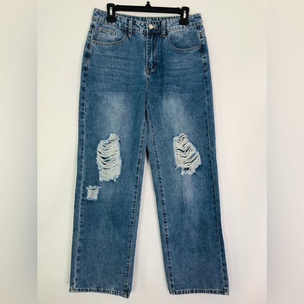 SHEIN Mom Jeans Women's Blue 5-Pocket High Rise Distressed Wash Size M